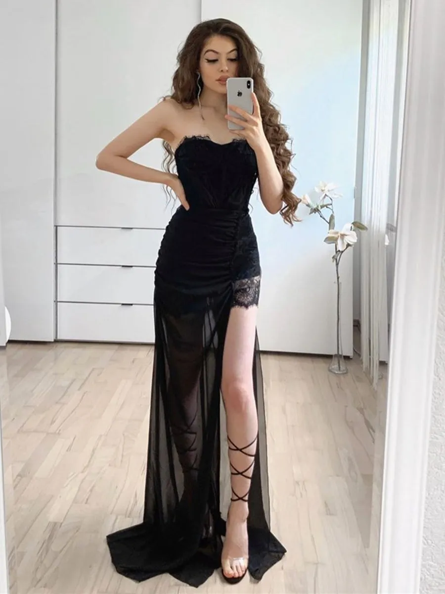 Strapless Long Black Lace Prom with High Slit, Black Lace Formal Graduation Evening