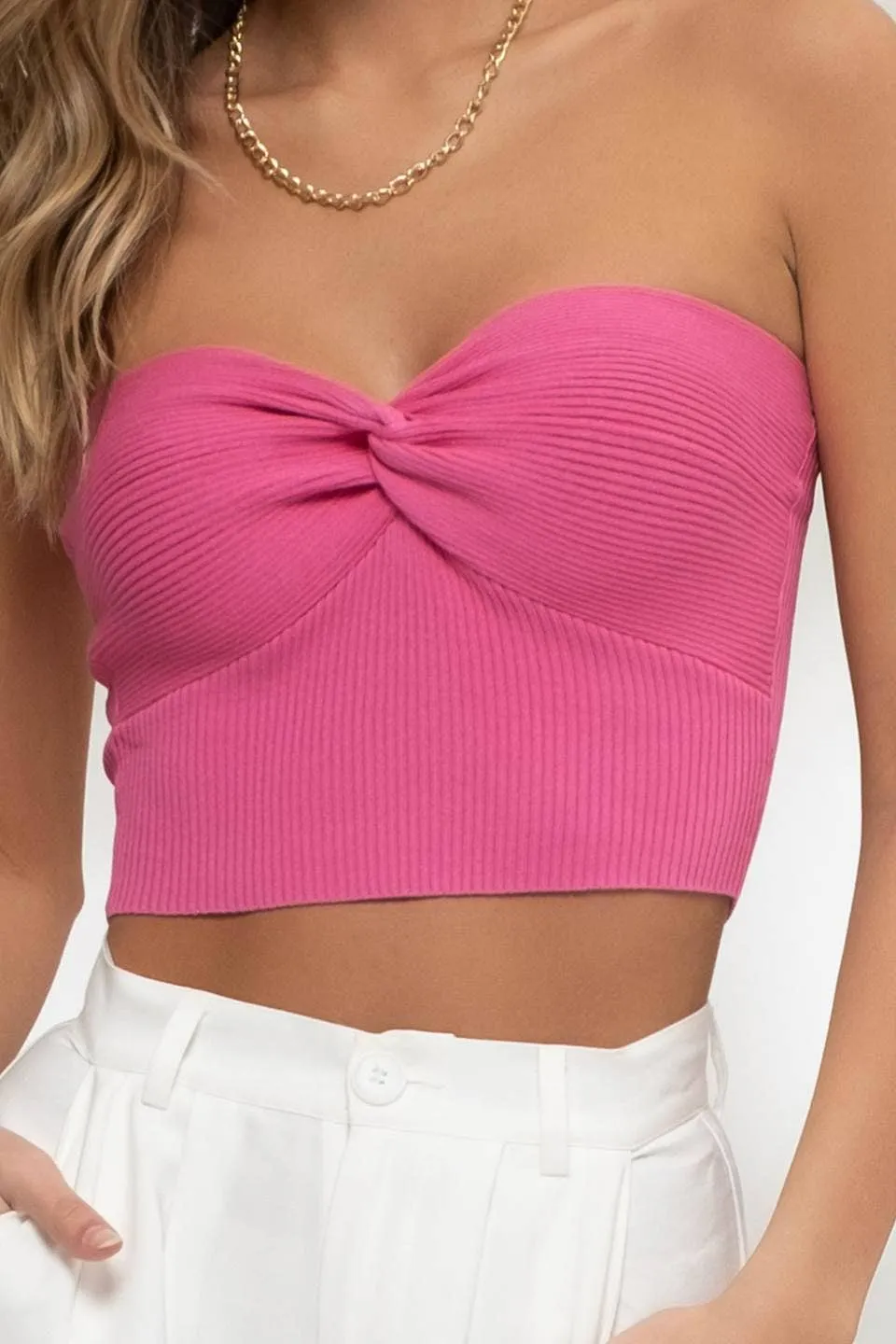 STRAPLESS TWIST FRONT KNIT CROP TOP