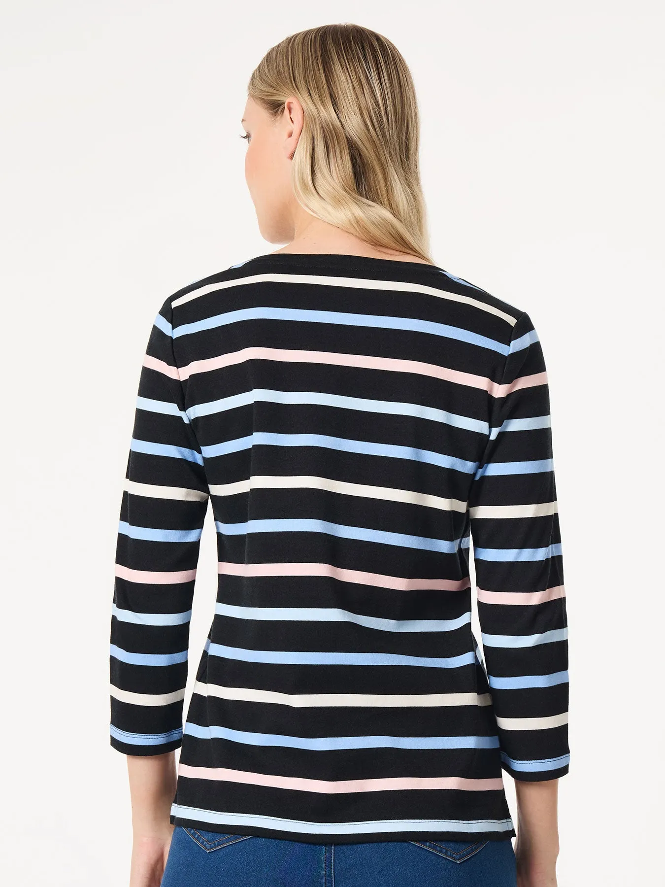 Striped 3/4 Sleeve Button Shoulder Tee