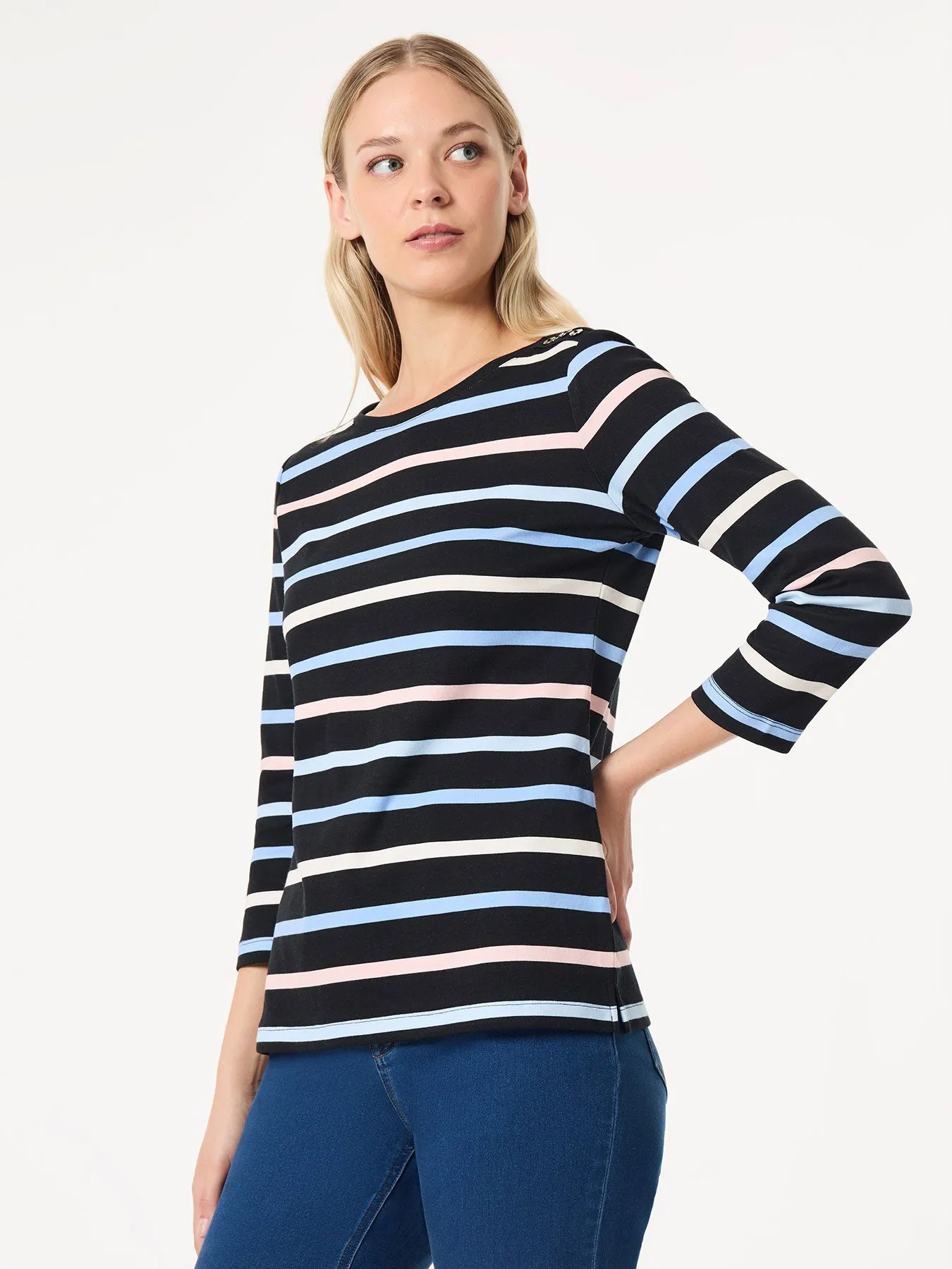 Striped 3/4 Sleeve Button Shoulder Tee