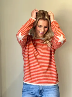 Striped boxy crew neck with star intarsia elbows