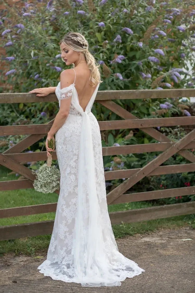 Sweet Illusion Lace Backless Sheath Bridal Wedding Gown