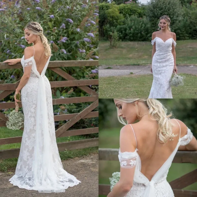 Sweet Illusion Lace Backless Sheath Bridal Wedding Gown