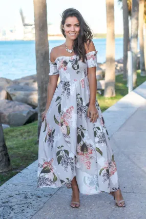 Taupe Floral Off Shoulder Wrap Dress