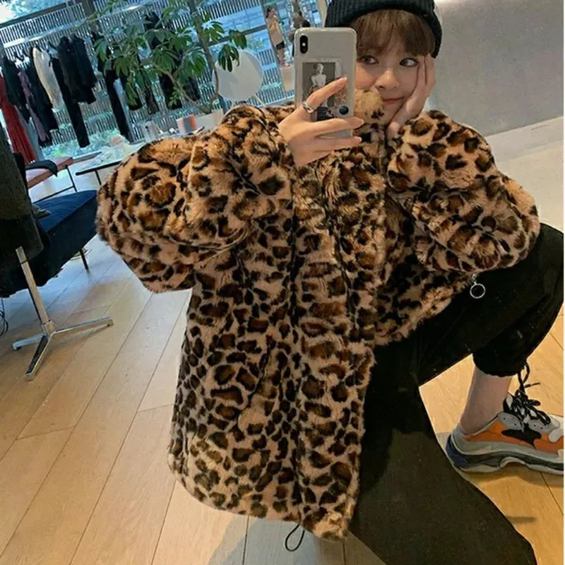 TAVIMART  -  New Winter Leopard Print Women Faux Fur Coats Stand Collar Warm Parkas Outwear Autumn Winter Korean Loose Faux Fur Jacket Women