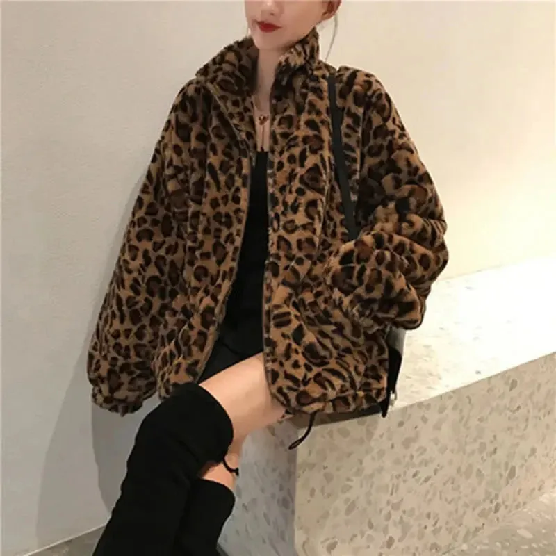 TAVIMART  -  New Winter Leopard Print Women Faux Fur Coats Stand Collar Warm Parkas Outwear Autumn Winter Korean Loose Faux Fur Jacket Women