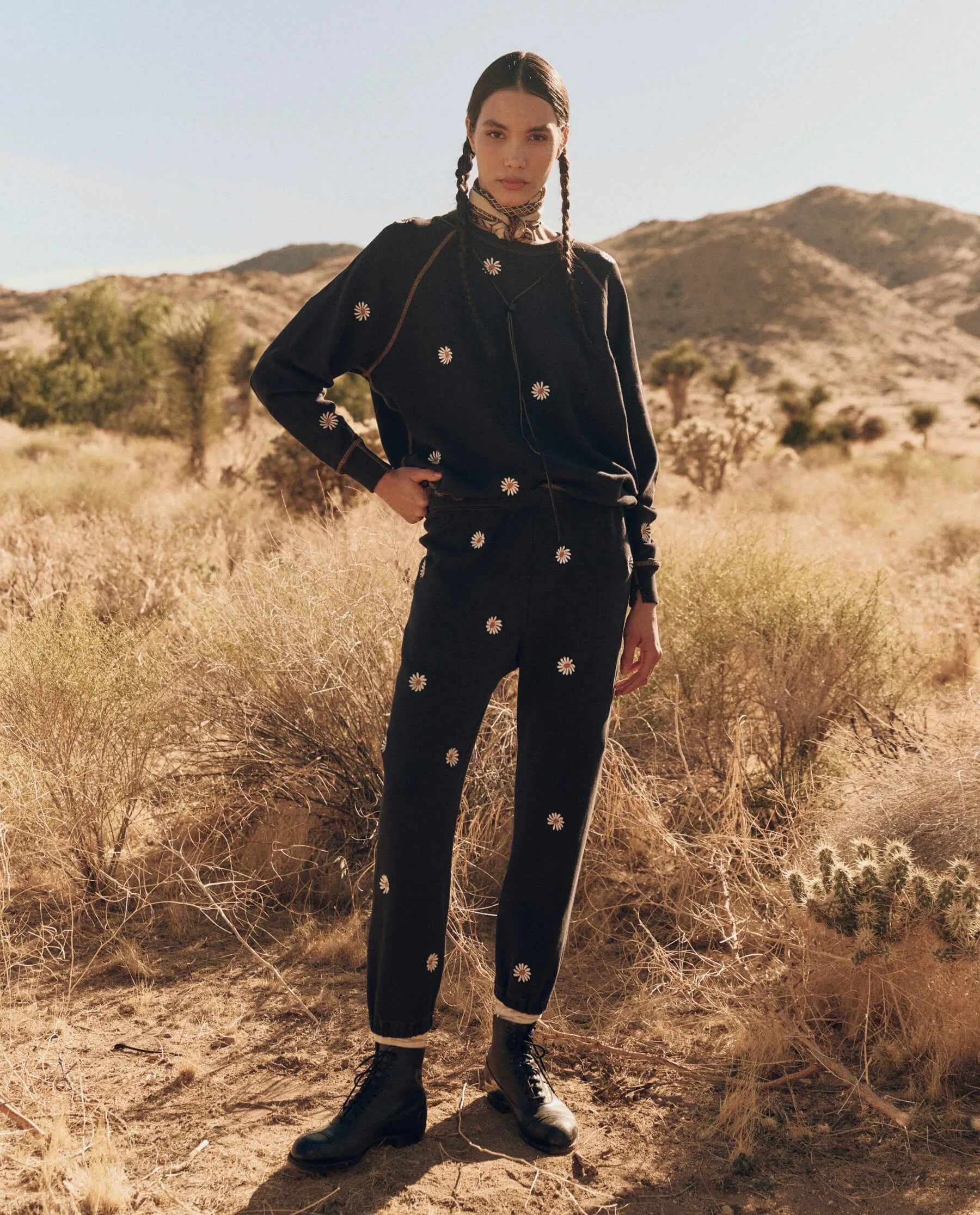 The College Sweatshirt. Embroidered -- Almost Black with Daisy Embroidery