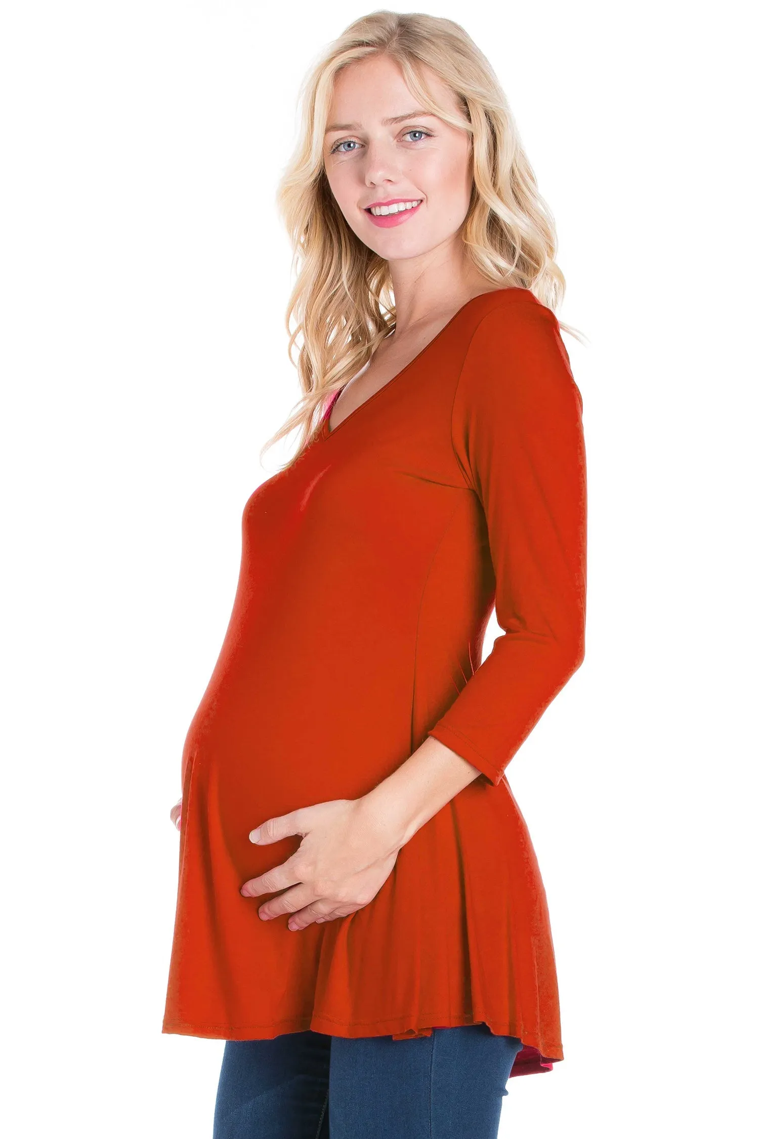 Three Quarter Sleeve V-Neck Maternity Tunic Top