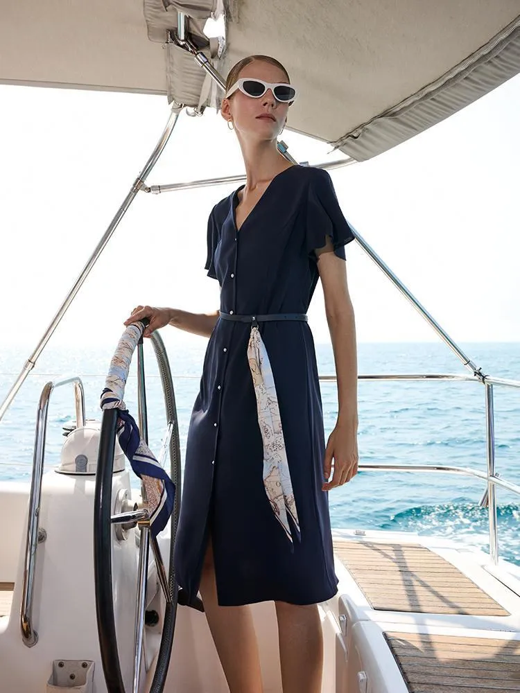 Triacetate Dress With Belt And Silk Scarf