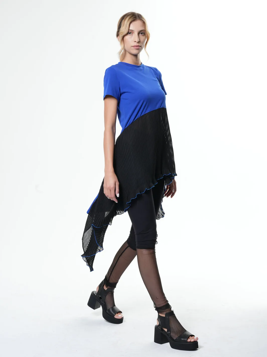 Tunic With Pleated Chiffon Layer In Blue