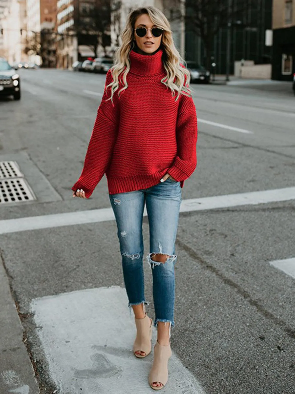 Turtleneck Dropped Shoulder Slit Sweater