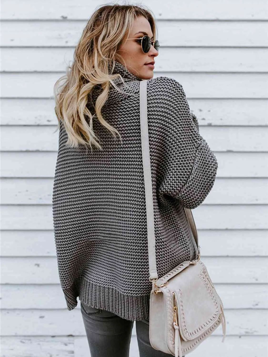 Turtleneck Dropped Shoulder Slit Sweater