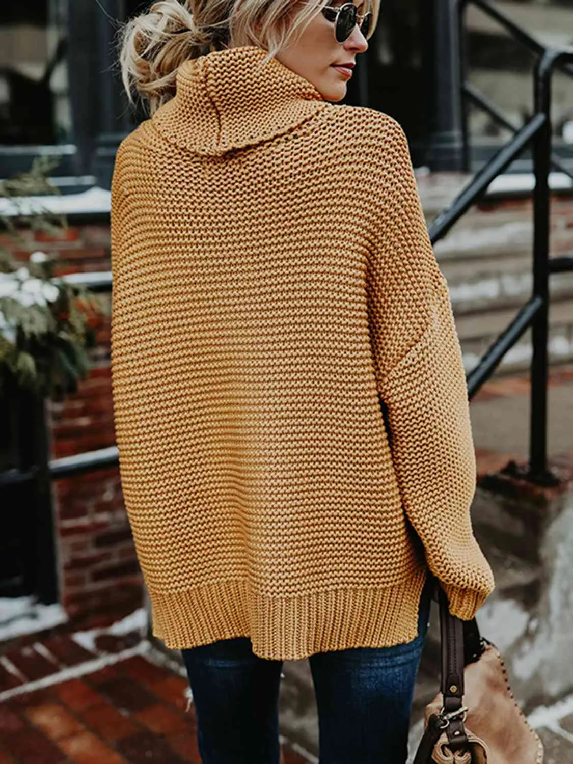 Turtleneck Dropped Shoulder Slit Sweater