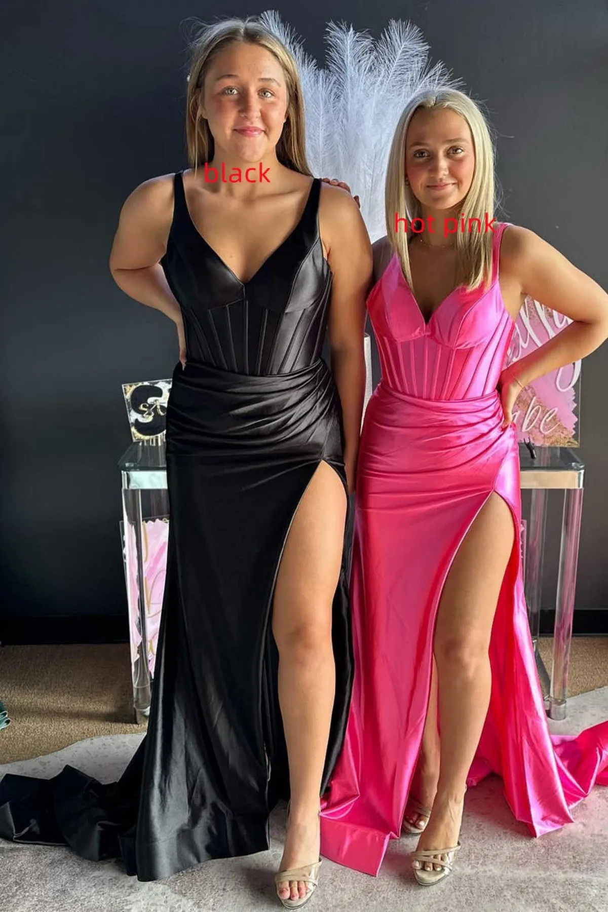 V Neck Mermaid Black/Hot Pink/Purple Long Prom Dress with High Slit, Black/Hot Pink/Purple Formal Graduation Evening Dress A2015