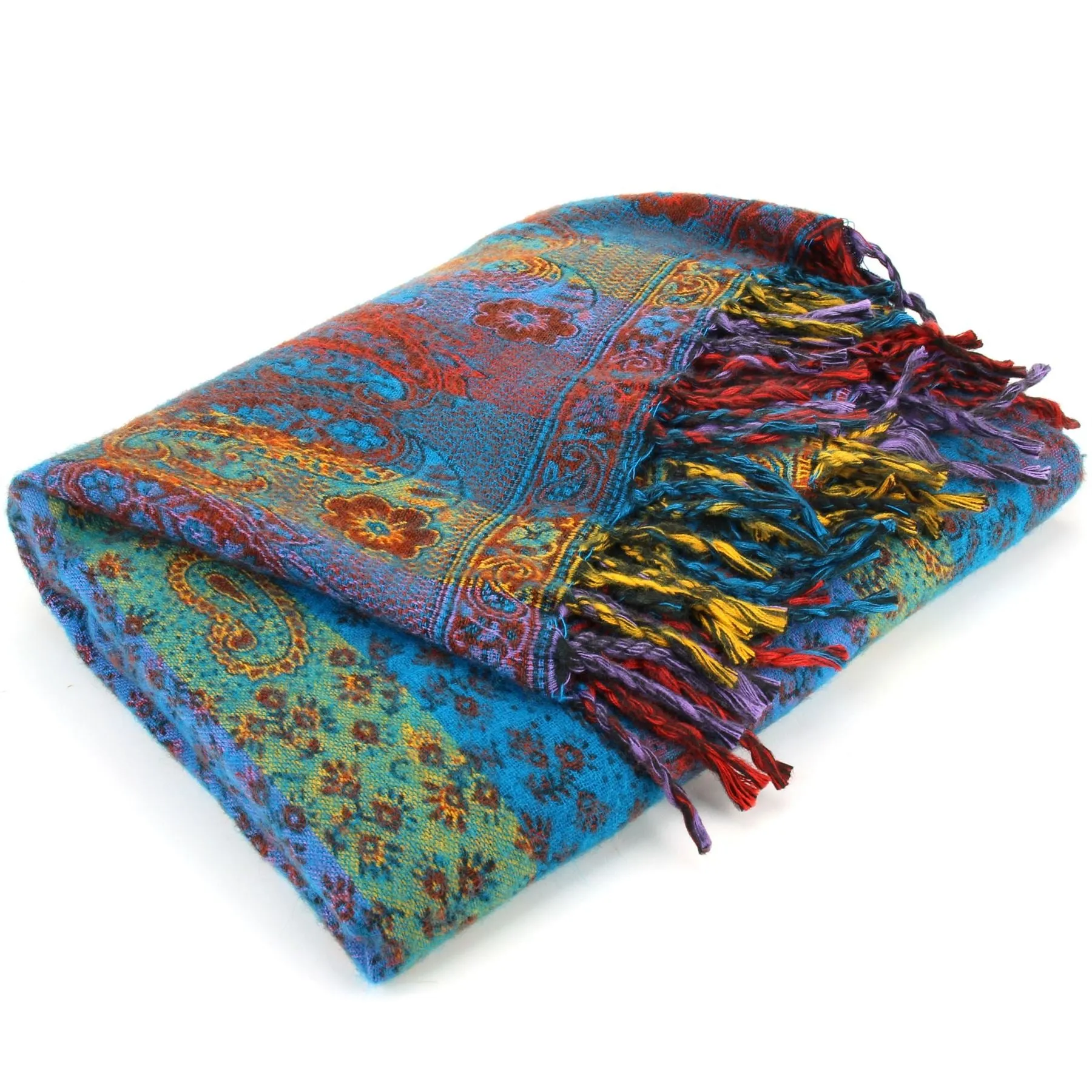 Vegan Wool Shawl Blanket - Paisley Stripe - Bright Blue & Green