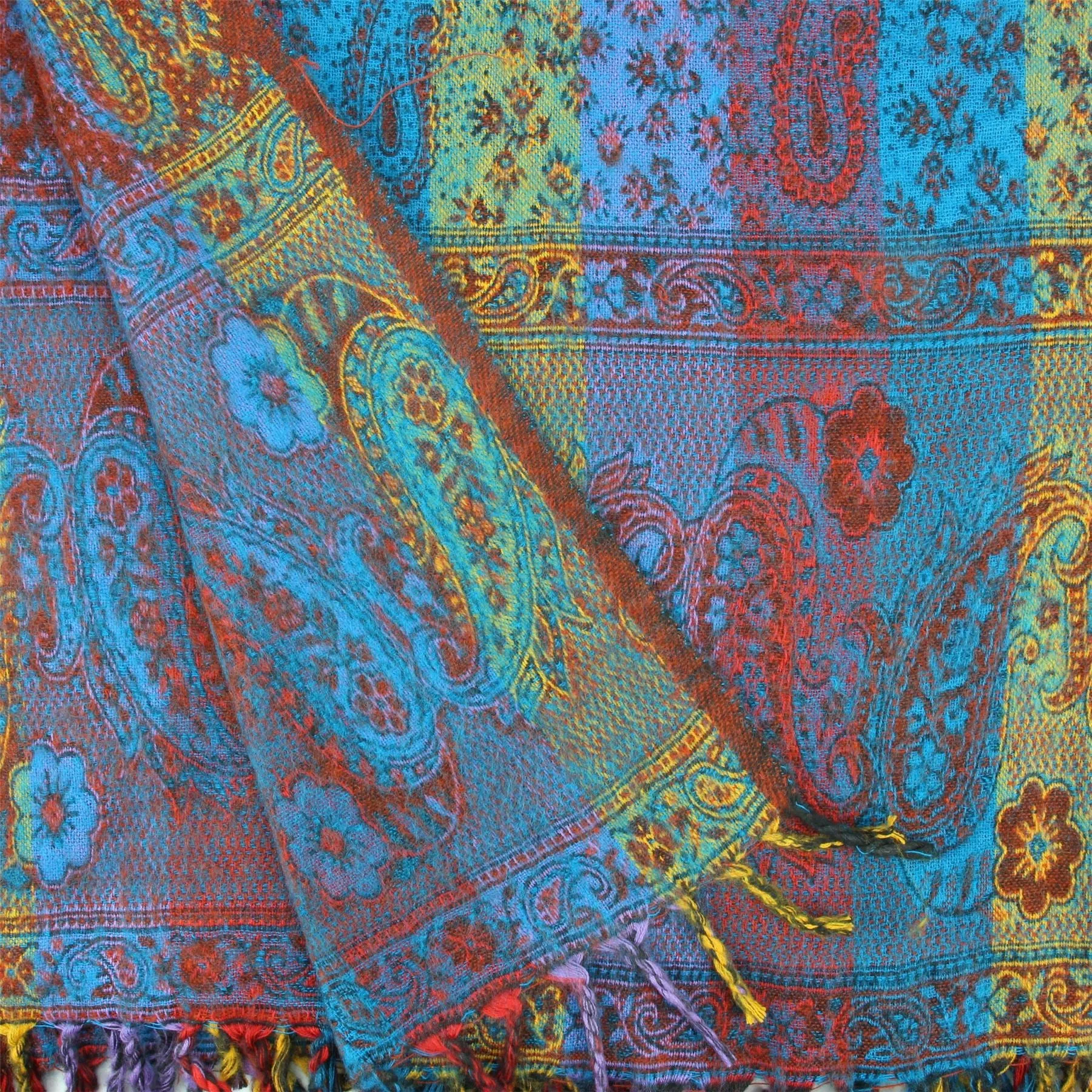 Vegan Wool Shawl Blanket - Paisley Stripe - Bright Blue & Green