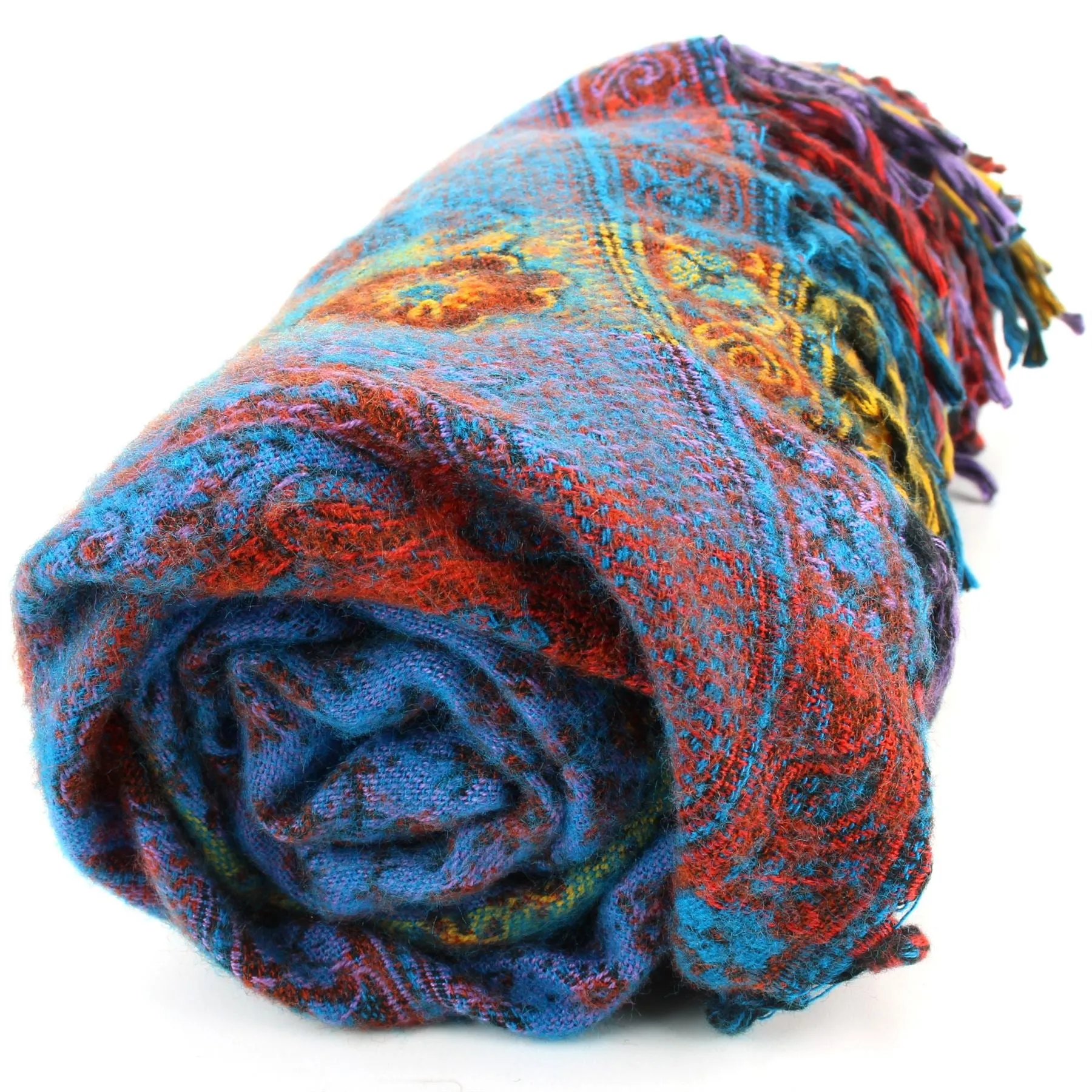 Vegan Wool Shawl Blanket - Paisley Stripe - Bright Blue & Green