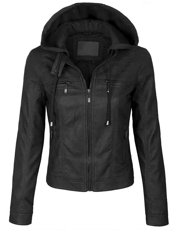 VeganLeather Zip Up Bomber PU Jacket with Fleece Hoodie