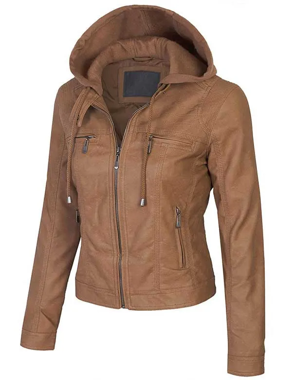 VeganLeather Zip Up Bomber PU Jacket with Fleece Hoodie