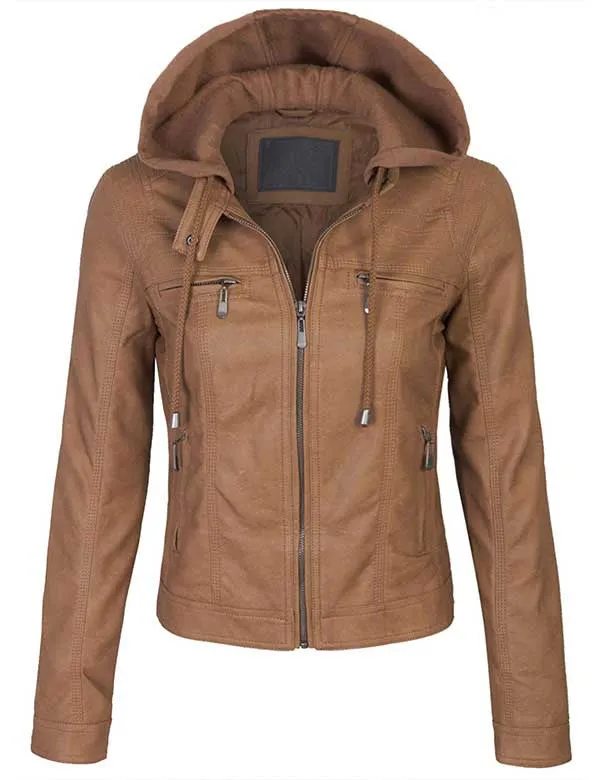 VeganLeather Zip Up Bomber PU Jacket with Fleece Hoodie