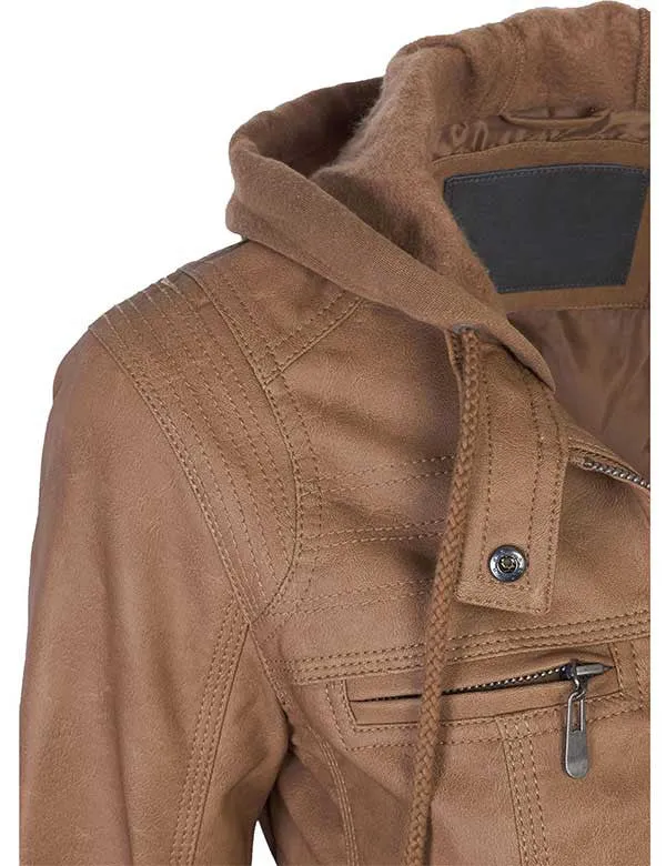 VeganLeather Zip Up Bomber PU Jacket with Fleece Hoodie