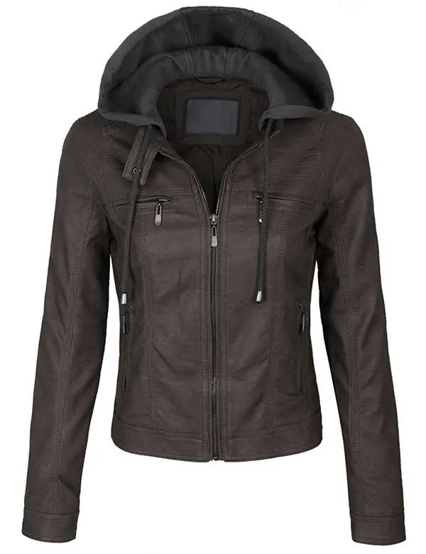 VeganLeather Zip Up Bomber PU Jacket with Fleece Hoodie