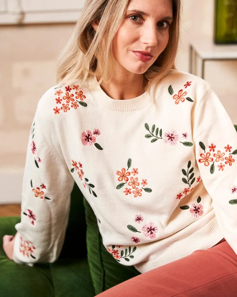 Verbena Organic Cotton Floral Embroidered Jumper | Ecru