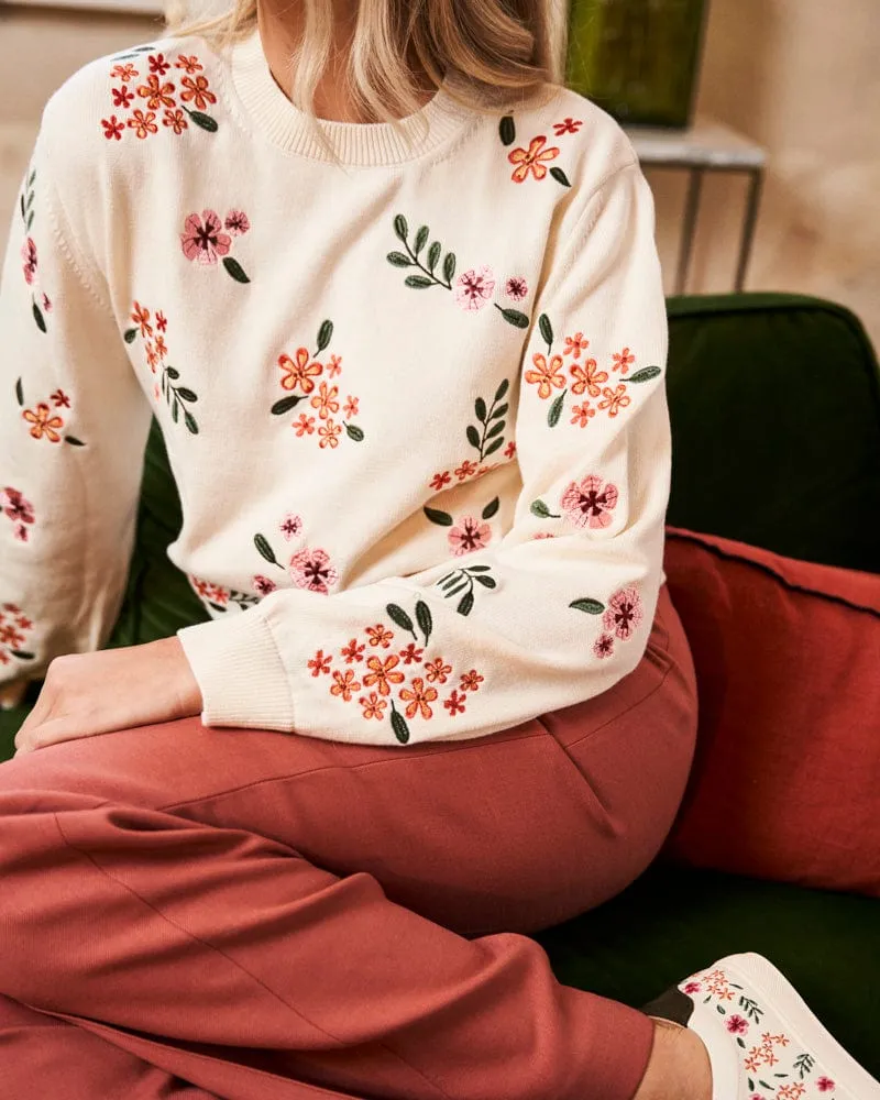 Verbena Organic Cotton Floral Embroidered Jumper | Ecru