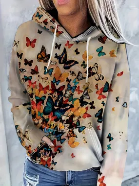 Vibrant Butterfly Print Kangaroo Pocket Hoodie - Soft, Casual, Long Sleeve Drawstring Sweatshirt with Relaxed Fit - Women's Comfy Clothing for Everyday Wear