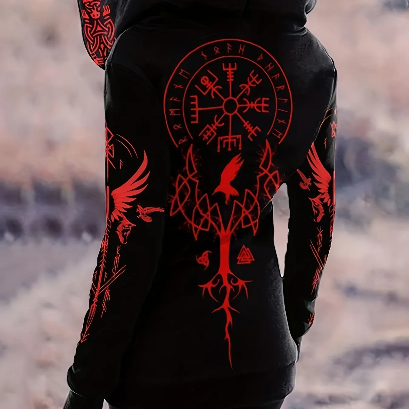 Viking Graphic Print Long Sleeve Drawstring Hoodie - Dual Pockets, Zipper Closure, Casual Sweatshirt for Women - Soft, Breathable, and Comfortable Wear for Everyday Activities