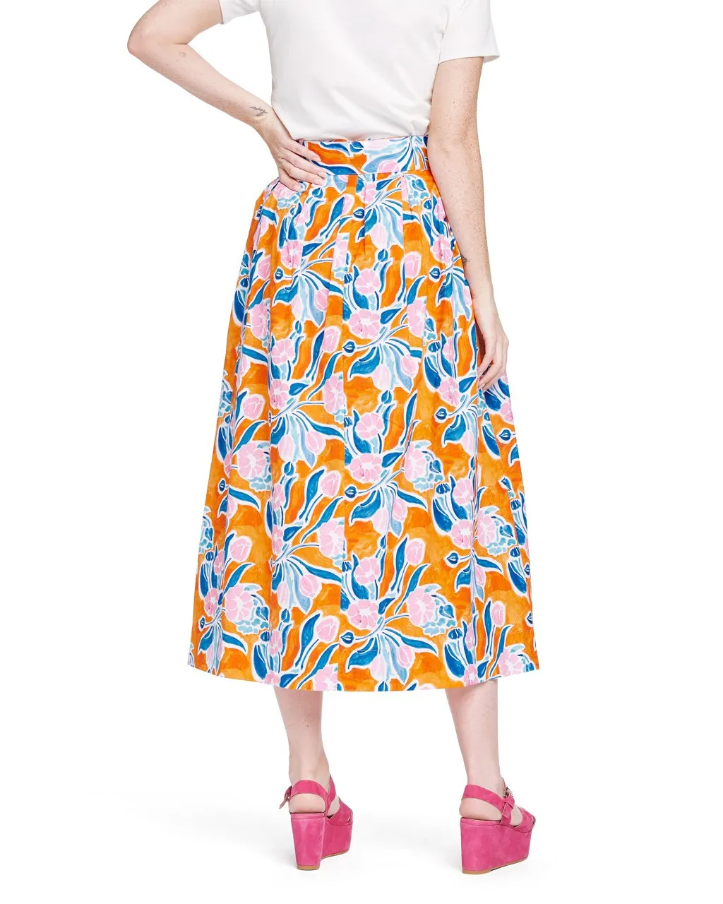 Vinita Pleated Full Skirt - Orange Floral