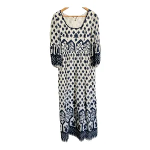 Vintage Unbranded Cotton 3/4 Sleeve Boho Festival Maxi Dress Navy Blue White Block Print UK Size 10-12