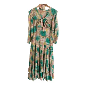 Vintage Upper Bracket by Roberta Cotton 3/4 Sleeve Maxi Dress w/ Sash Green Pink Multi Floral Print UK Size 14-16