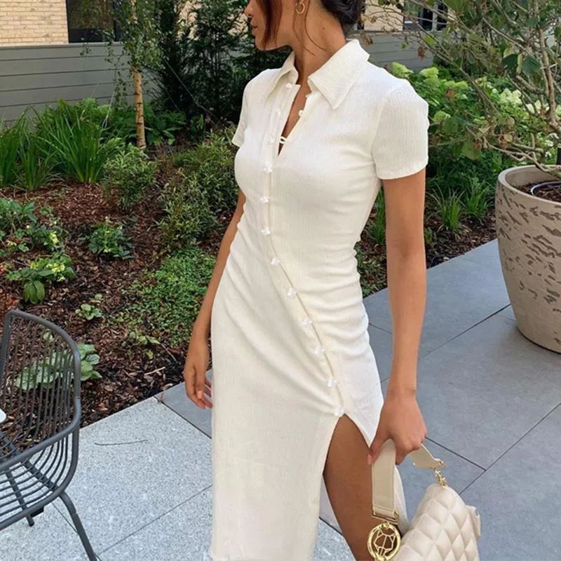 White Buttons Bodycon Dress Midi Dress High Split Dress