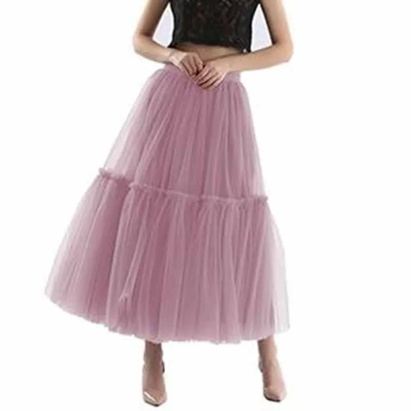 Women Ankle/Full Length Elastic Pleated Maxi Mesh Long Tutu Skirt