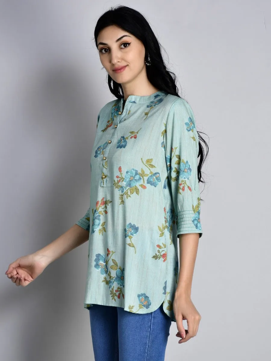 Women Blue 3/4 Sleeve Printed Tunic