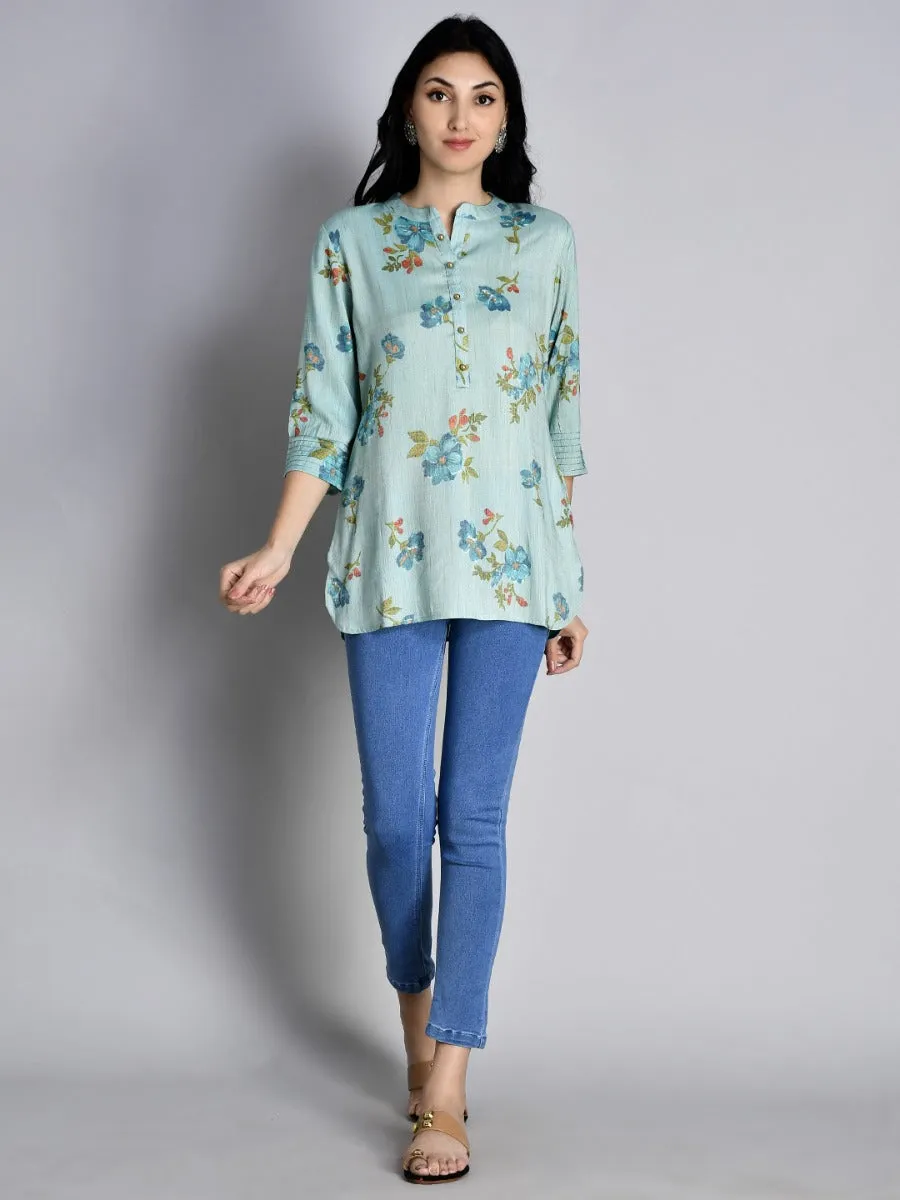 Women Blue 3/4 Sleeve Printed Tunic