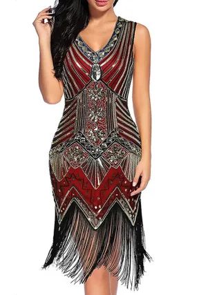 Women Lovely Tassel Hem Sequins Decorated V-Neck Fashionable Party Dress - C14215KMWD