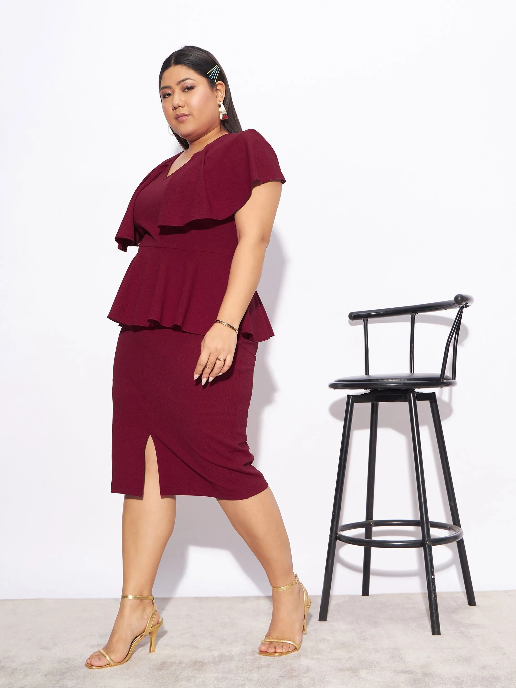 Women Maroon Front Peplum Detail Bodycon Dress