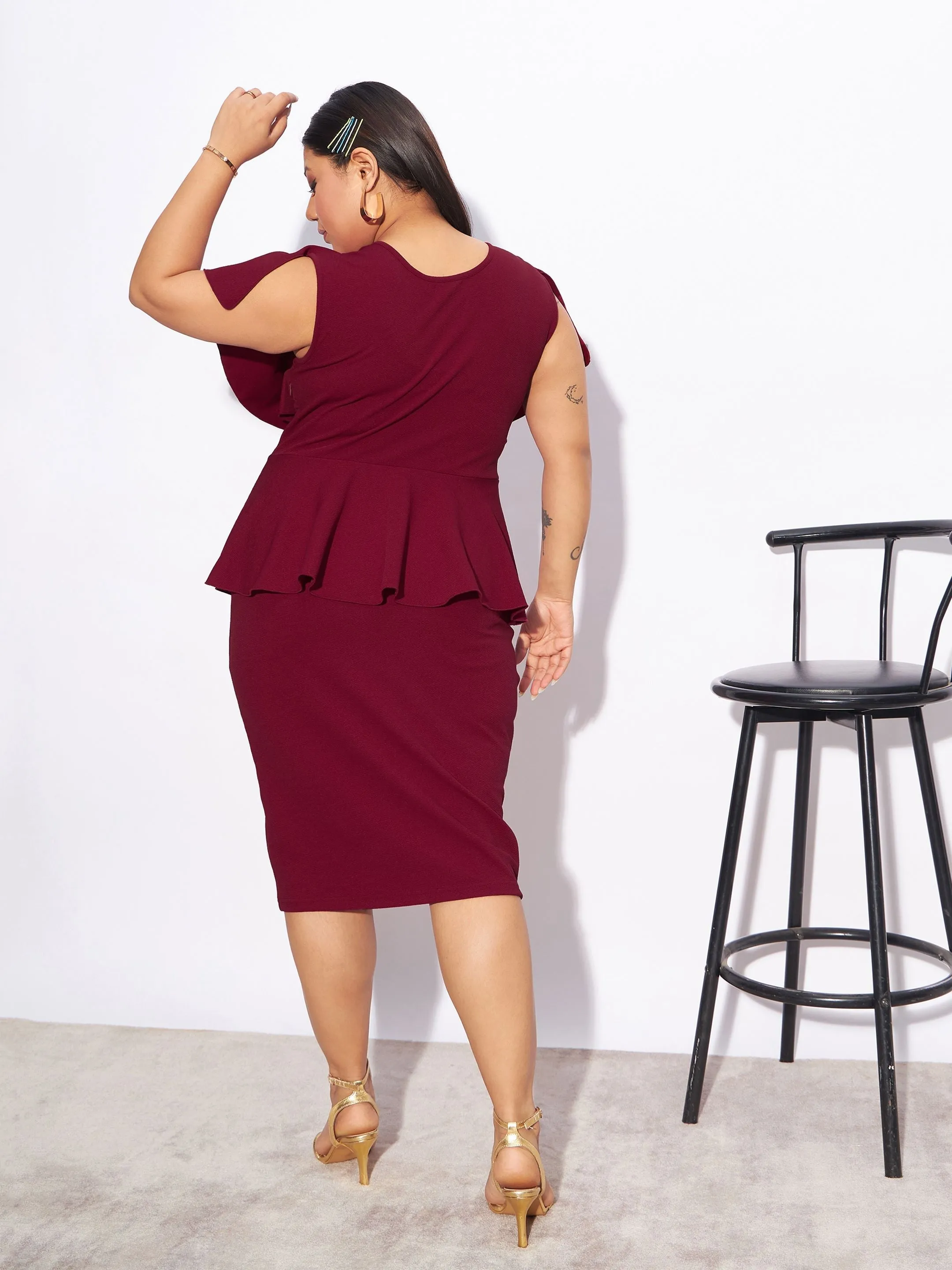 Women Maroon Front Peplum Detail Bodycon Dress