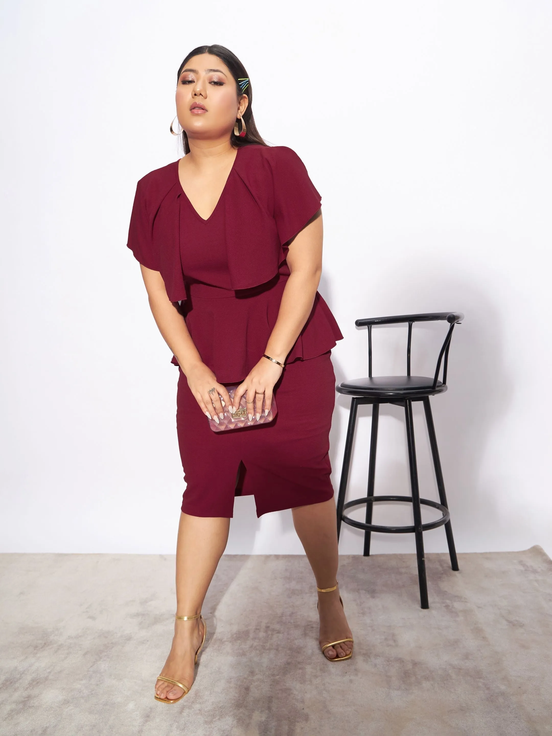 Women Maroon Front Peplum Detail Bodycon Dress