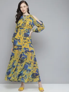 Women Mustard & Blue Floral Cold Shoulder Maxi