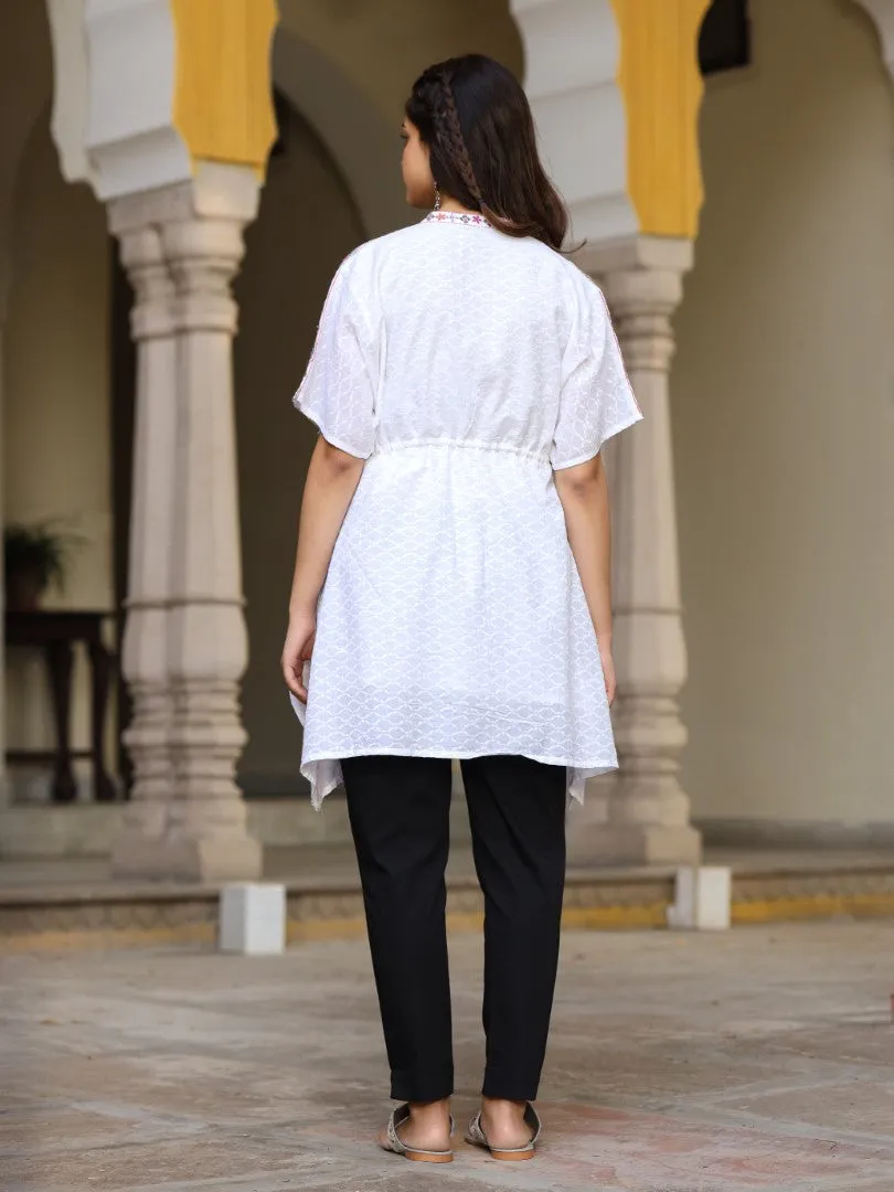 Women White Cotton Dobby Embroidered Tunic