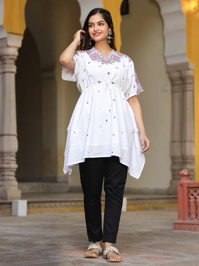 Women White Cotton Dobby Embroidered Tunic