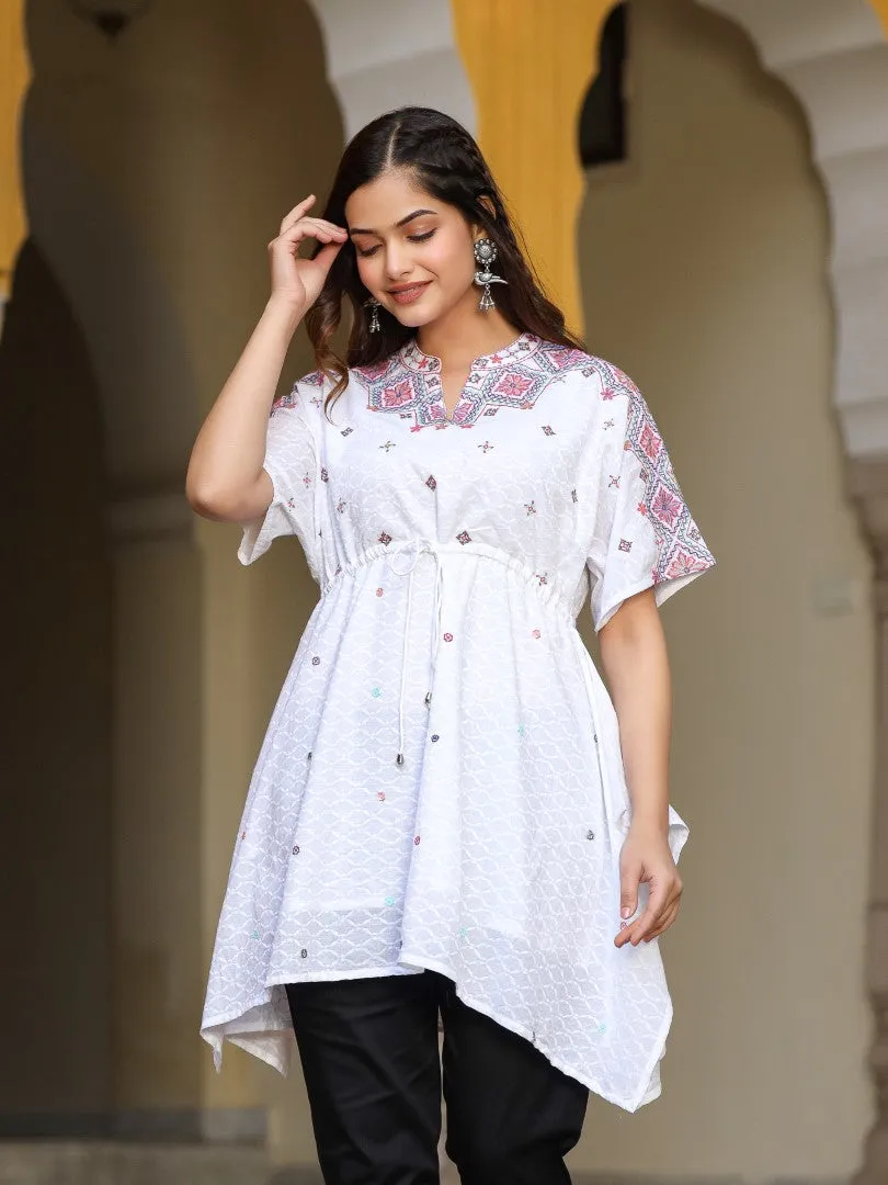 Women White Cotton Dobby Embroidered Tunic