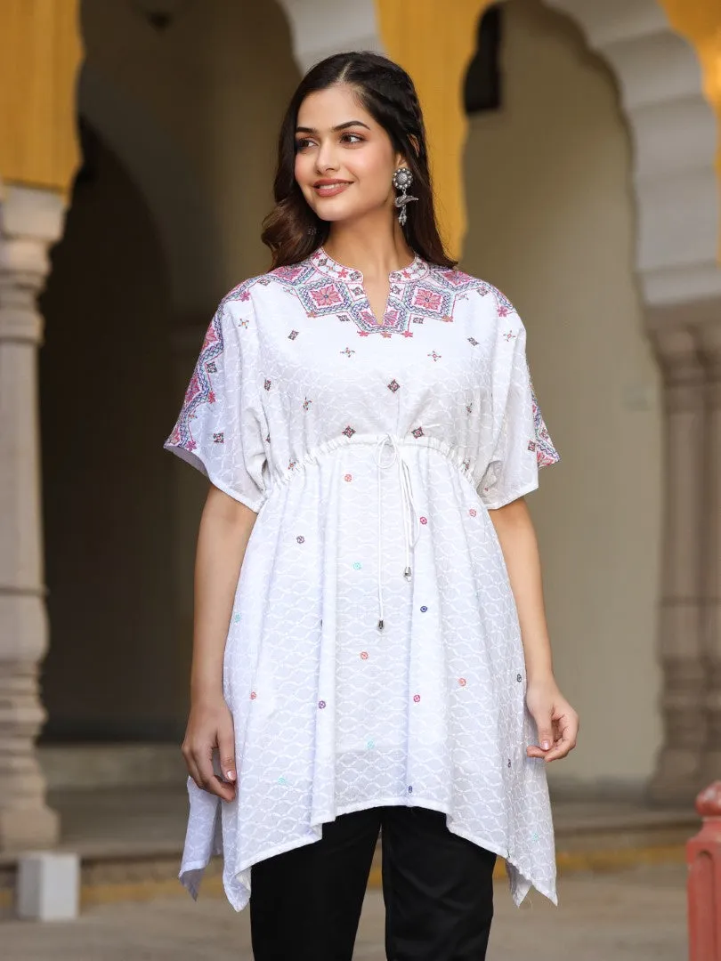 Women White Cotton Dobby Embroidered Tunic