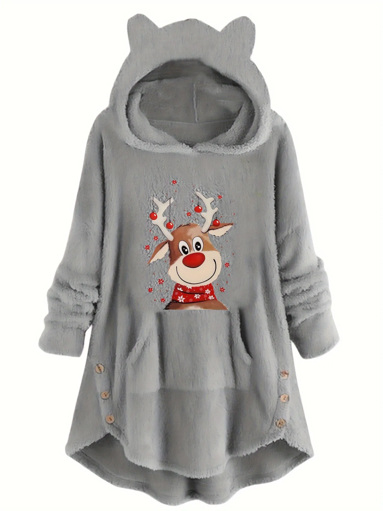 Women's Casual Christmas Reindeer Print Long Sleeve Teddy Hoodie with Kangaroo Pocket, Button Front Sweatshirt