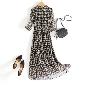 Women's Checkered Chiffon Mid-length Dress with Belt