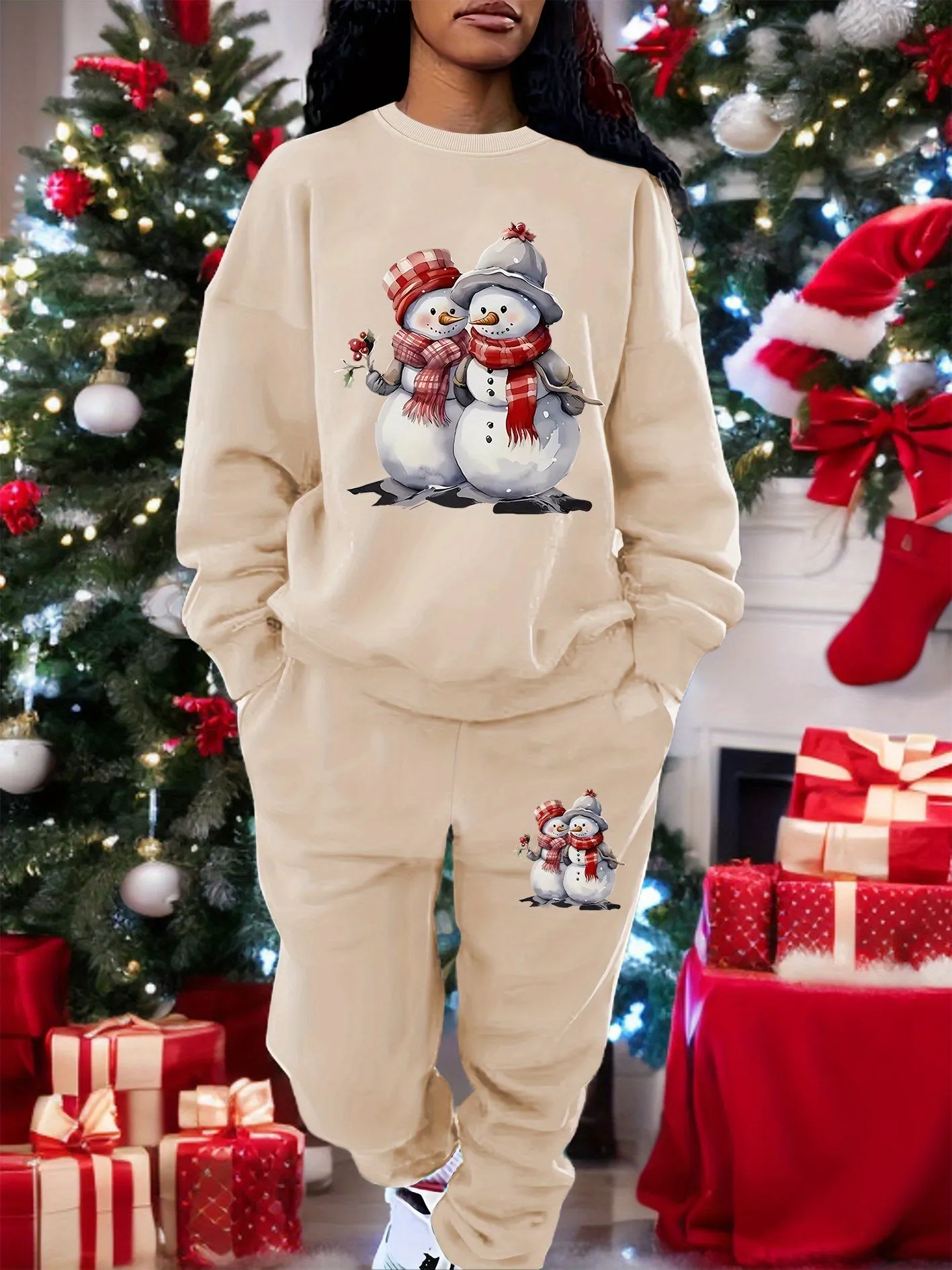 Women's Christmas Snowman Print Sweatshirt Set, Cozy All-Season Polyester Hoodie and Pants, Casual Round Neck, Knit Fabric, Festive Holiday Outfit