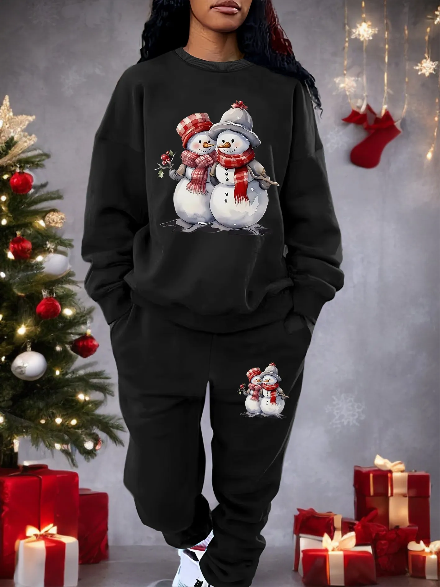 Women's Christmas Snowman Print Sweatshirt Set, Cozy All-Season Polyester Hoodie and Pants, Casual Round Neck, Knit Fabric, Festive Holiday Outfit